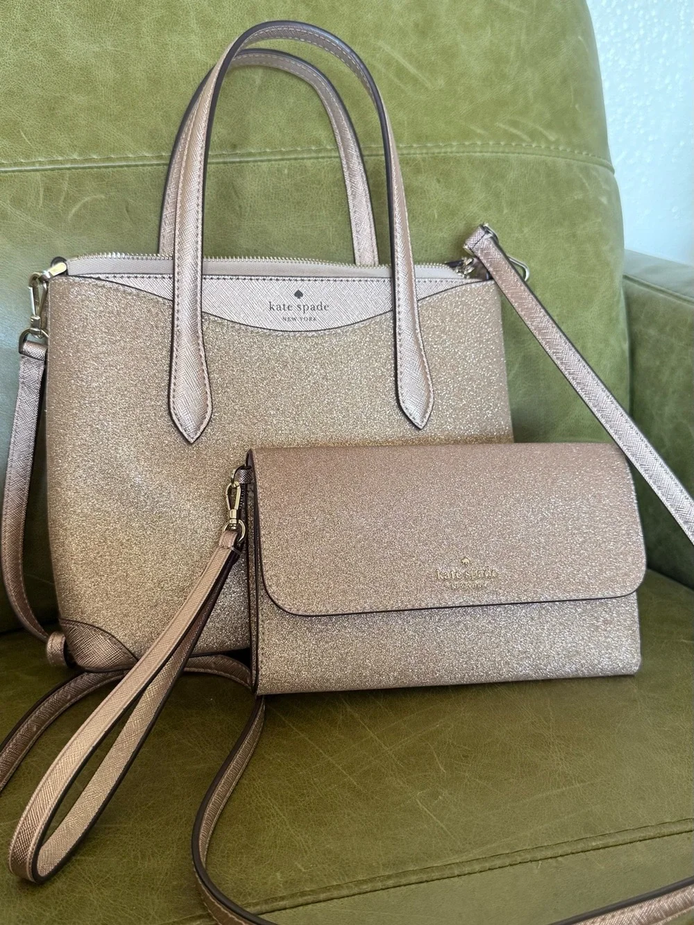 kate spade Rose Gold Blush Pink Glitter Shimmy Satchel Crossbody Purse